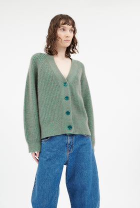 Slub Tweed Cardigan, Olive Brown from ODEEH 