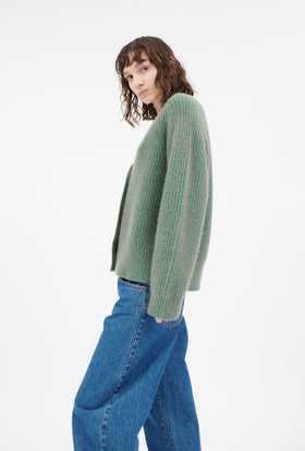 Slub Tweed Cardigan, Olive Brown from ODEEH 